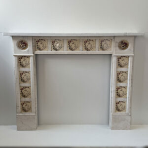 Antique Flat Fronted Late Victorian-Edwardian Carrara Marble Mantel with Original Floral Tiled Inlays 